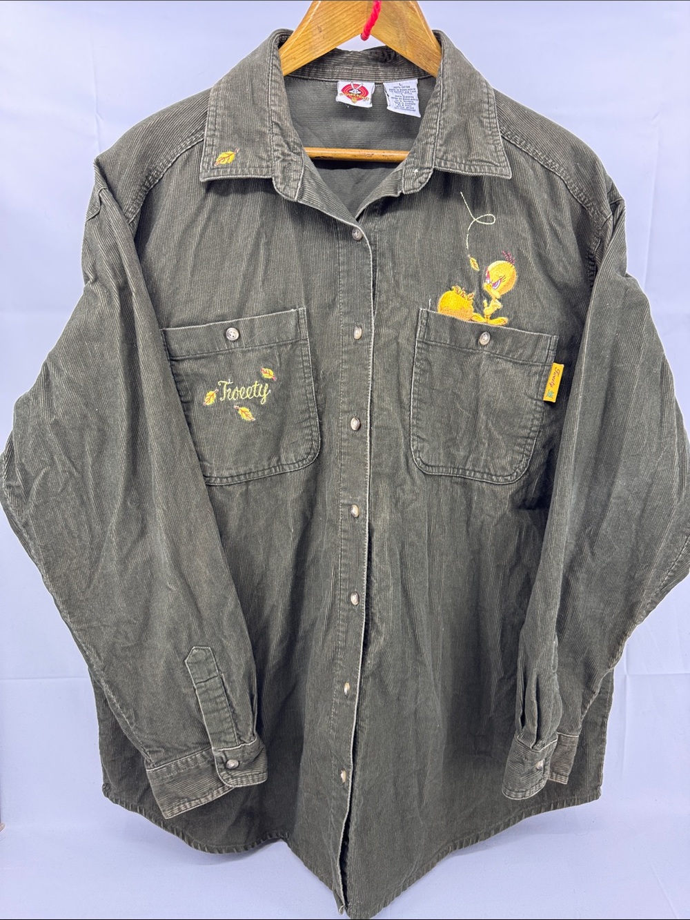 Vintage Y2K Looney Tunes Tweety Bird Embroidered Olive Corduroy Button Shirt, L